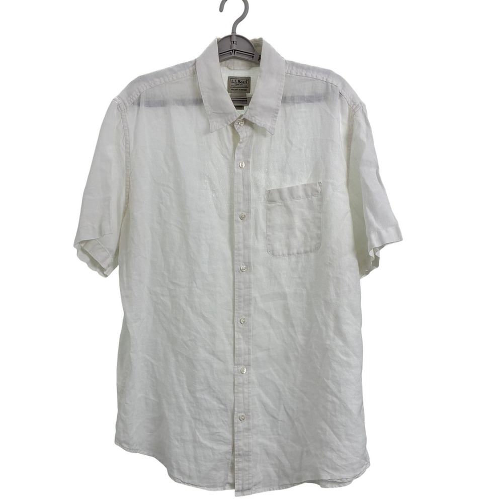 L.L. Bean Button Down Shirt Large White 100% Linen Short Sleeve 288677 Mens